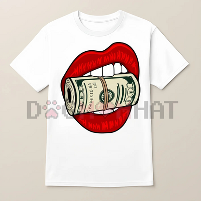 HAGBDH Bold Oversized Graphic Tee – Red Lips Biting Cash Roll, Y2K Streetwear Cotton Crewneck Top, Unisex Fall Outfit