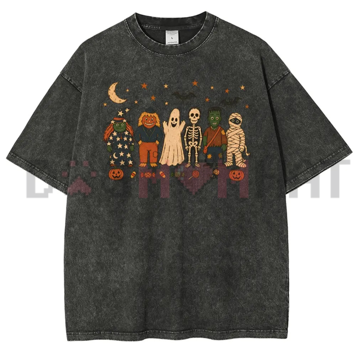 Vintage Washed Halloween Graphic T-Shirt - Y2K Witches, Ghosts & Pumpkin Scarecrows Tee