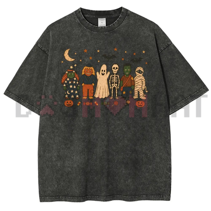 Vintage Washed Halloween Graphic T-Shirt - Y2K Witches, Ghosts & Pumpkin Scarecrows Tee