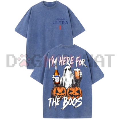 Retro Ghost Im Here For The Boos Double Sided Graphic Tee - Vintage Washed Heavyweight Cotton Unisex Halloween Streetwear T-Shirt