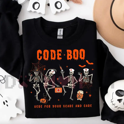 Halloween Nurse Sweatshirt - "Code Boo" Spooky Season Skeleton Crewneck