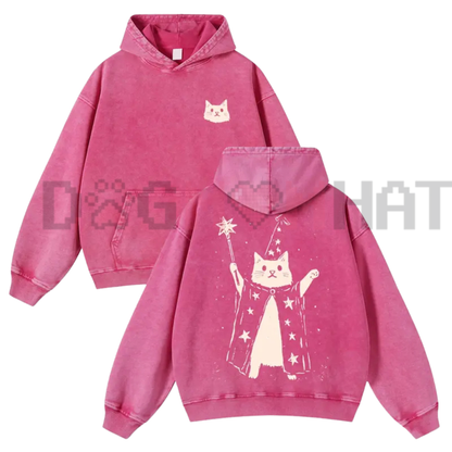 Vintage Washed Heavyweight 380GSM Wizard Cat Hoodie - Oversized Pullover
