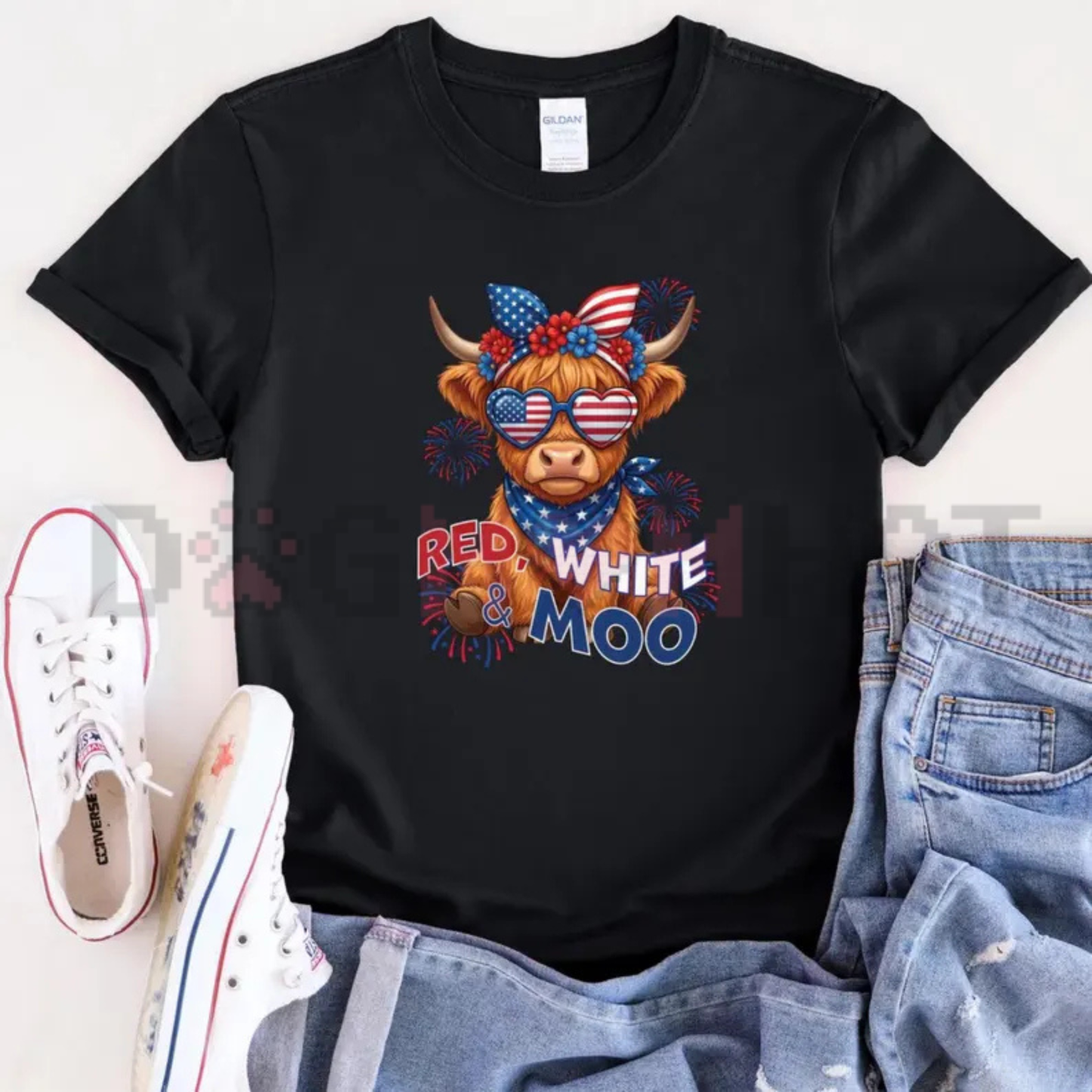 "Red White & Moo" Highland Cow Patriotic Tee