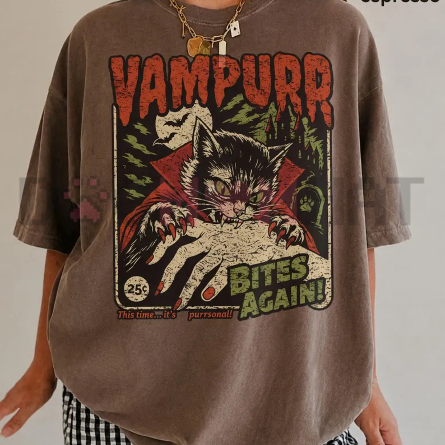 Comfort Colors® Vampurr Bites Again T-Shirt - Retro Halloween Cat Graphic Tee
