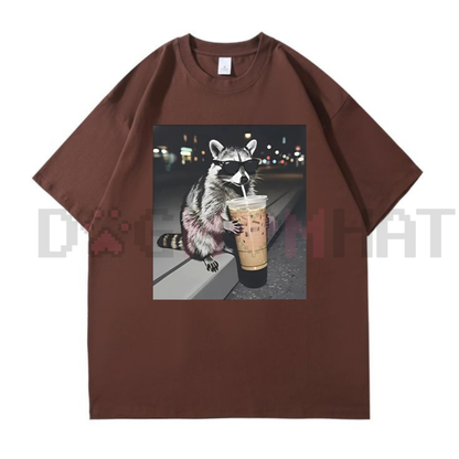 Funny Raccoon Drinking Iced Coffee Tee
