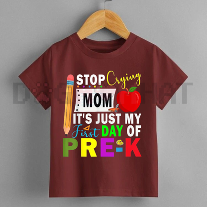 Brave Little Scholar Pre-K Graphic Tee - Funny "Stop Crying Mom" First Day Kids Shirt