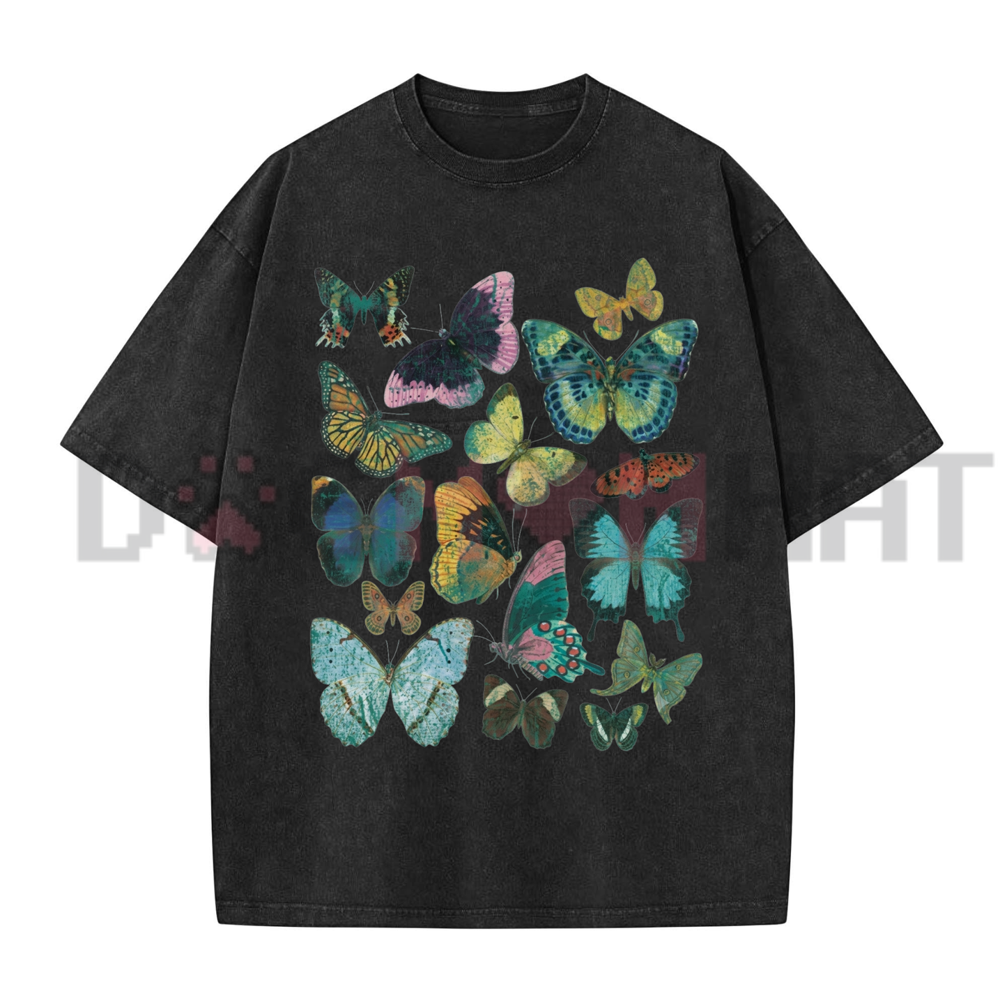 Ethereal Monarch Vintage Wash Graphic Tee - Flutter Butterfly Aesthetic Pure Cotton Oversized Unisex T-Shirt