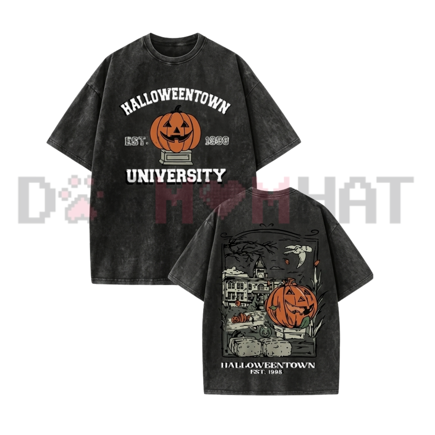 Vintage "Halloweentown University Est 1998" T-Shirt - Washed Black Cotton Oversized Front & Back Print Tee