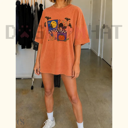 Comfort Colors® Retro Halloween Pumpkin Ghost & Black Cat T-Shirt - Vintage Spooky Season Graphic Tee