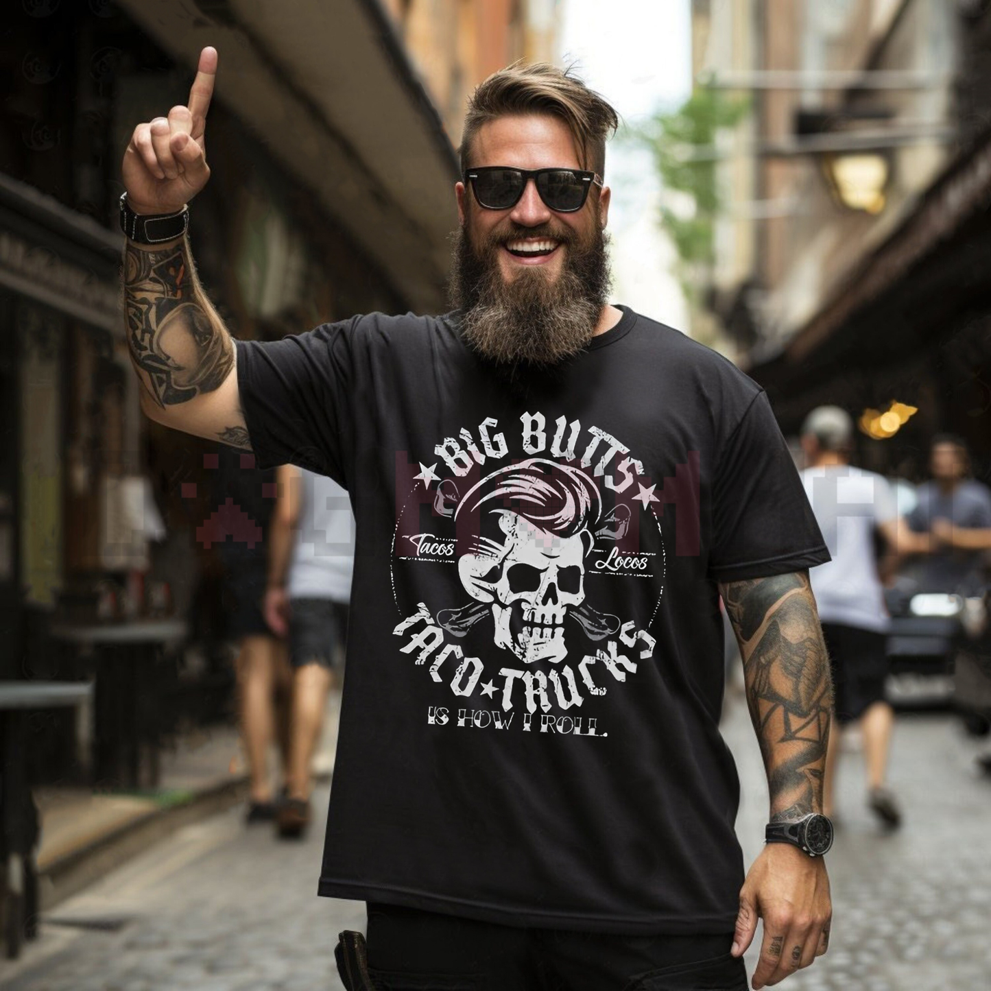 "BIG BUTTS & TACO TRUCKS" Funny Skull Print T-Shirt