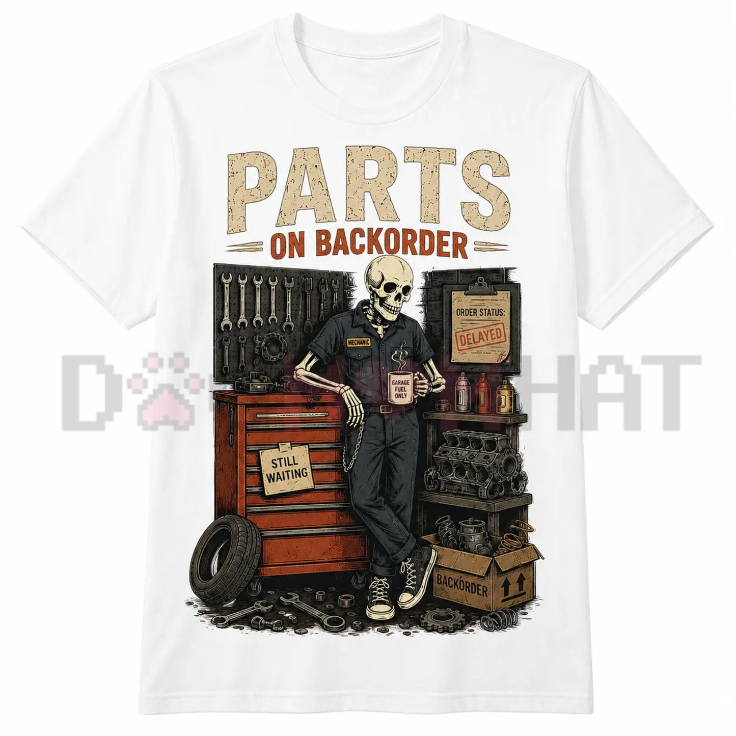 Still Waiting On Parts Skeleton Graphic Tee - Funny Auto Mechanic Technician Cotton Shirt