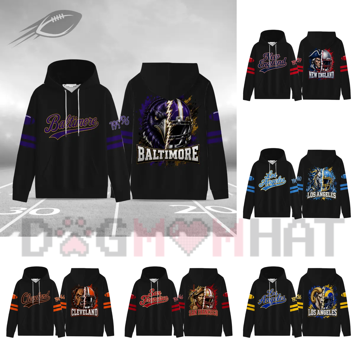 Unisex Football City Graphic Hoodie - Black Pullover with Front Script & Back Helmet Art