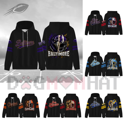 Unisex Football City Graphic Hoodie - Black Pullover with Front Script & Back Helmet Art