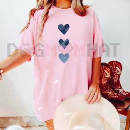 Denim Heart Patchwork Graphic Tee - Cute Casual Summer Streetwear Top for Women