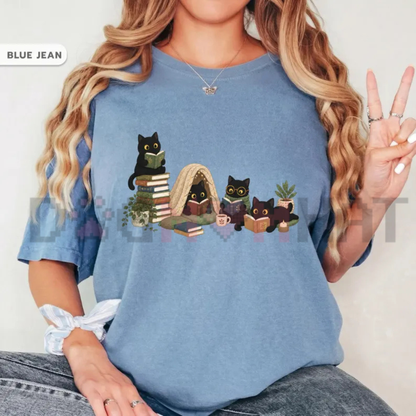 Black Cat Reading Book T-Shirt - Cozy Bookish Reader & Cat Mom Graphic Tee