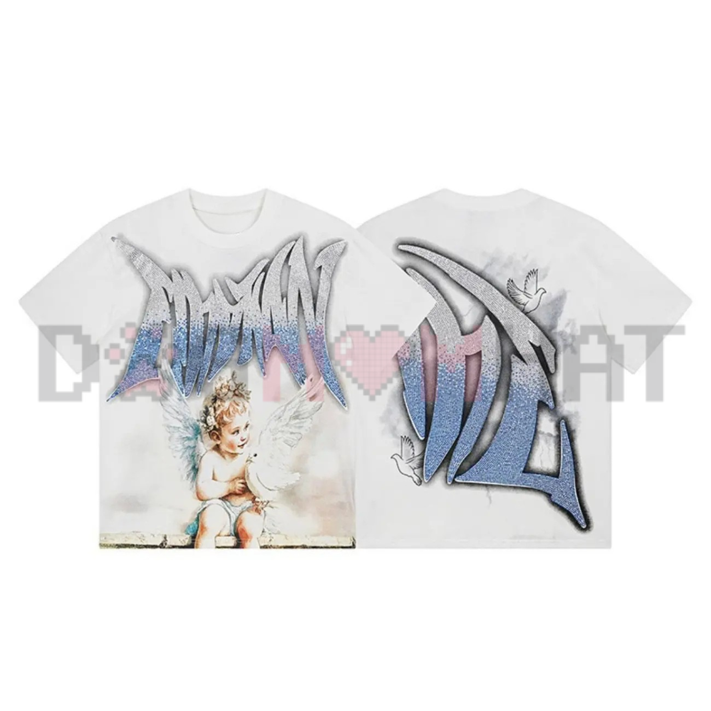 Mixed Emotion Diamond Angel Graphic Tee - Vintage Washed Cotton Unisex Y2K Hip Hop Oversized Streetwear T-Shirt