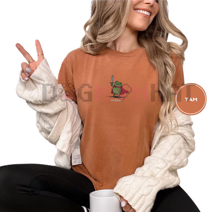 Huzzah Frog with Sword Tee – Embroidered Medieval Frog Shirt