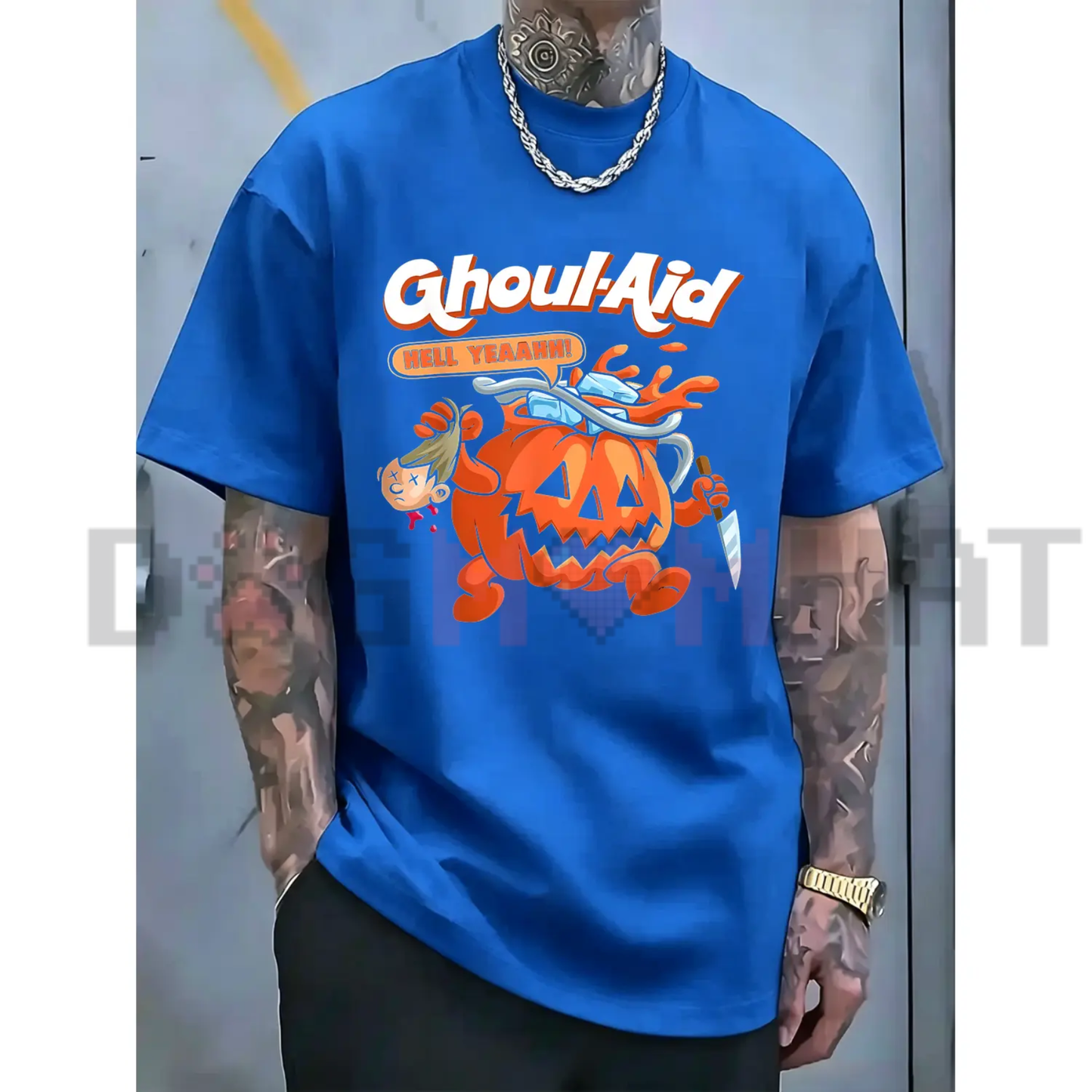 Halloween Ghoul Aid Pumpkin Graphic T-Shirt - Black Streetwear Crew Neck