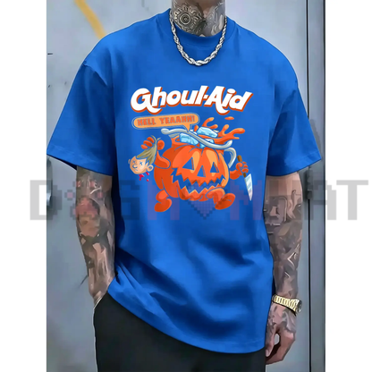 Halloween Ghoul Aid Pumpkin Graphic T-Shirt - Black Streetwear Crew Neck