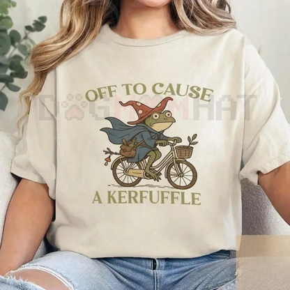 "Off to Cause a Kerfuffle" Defiant Frog Tee – Existential Humor Slogan Shirt