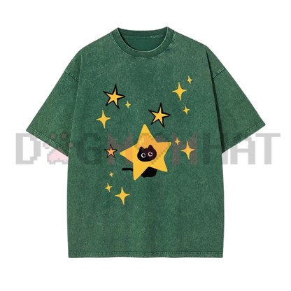 Minimalist Cartoon Kitten and Star Graphic Washed Tee - Y2K Retro Soft Cotton Unisex Oversized T-Shirt