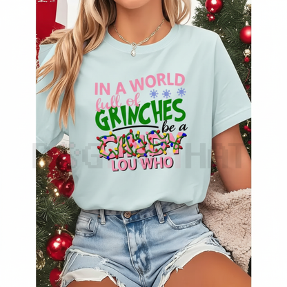 "In A World Full Of Grinches Be A Cindy Lou Who" Short Sleeve Top – Pink Letter White Christmas Party Outfit