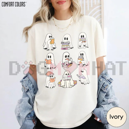 Ghost Reading Book Comfort Colors® T-Shirt - Cute Bookish Halloween Educator Tee