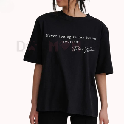Diane Keaton Vintage Fedora T-Shirt – Classic Hollywood Style & "Never Apologize" Graphic Tee