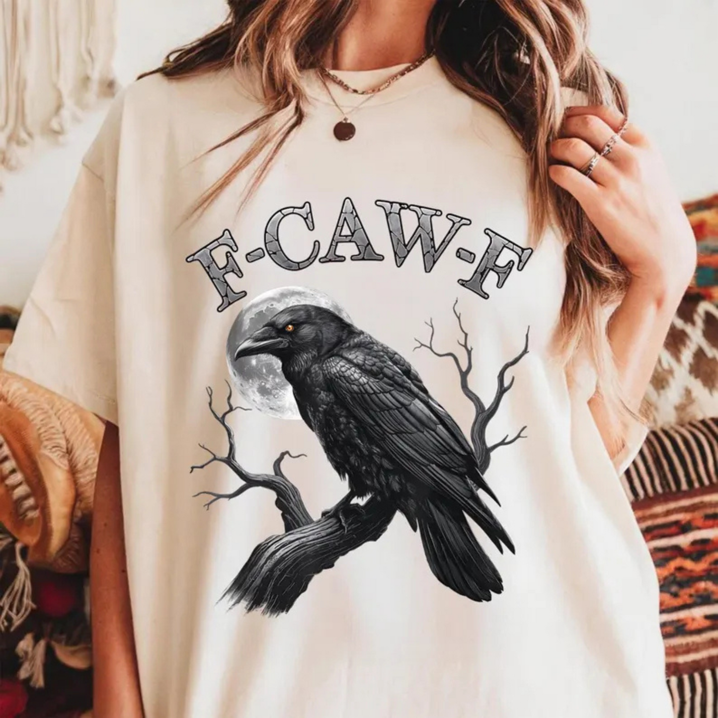 Funny "F-CAW-F" Crow T-Shirt – Black Bird Moon, Gothic Adult Humor, Vintage Streetwear, Women's Graphic Tee