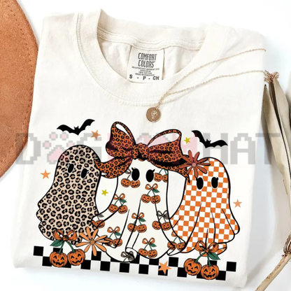 Coquette Leopard Checkered Ghost Graphic Tee - Retro Spooky Season Cute Halloween Vintage Cotton Unisex T-Shirt
