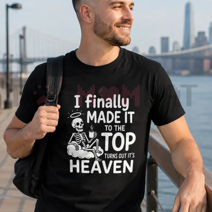 Skeletal Pinnacle Espresso Graphic Tee - Funny Dark Humor Skeleton Heaven Coffee Quote Cotton Shirt