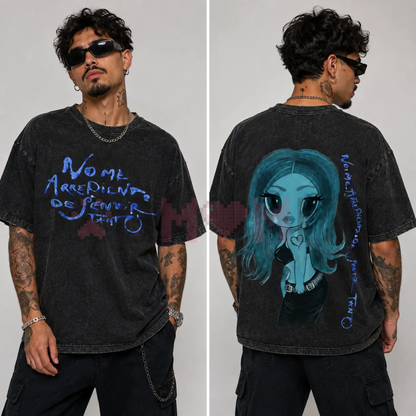 No Me Arrepiento de Sentir Tanto Vintage Washed Blue Hair Girl Graphic T-Shirt
