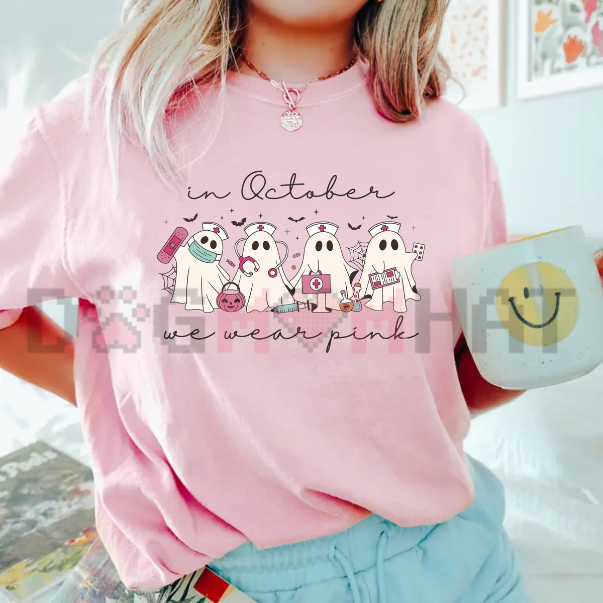 In October We Wear Pink Ghost Nurse Halloween Graphic T-Shirt
