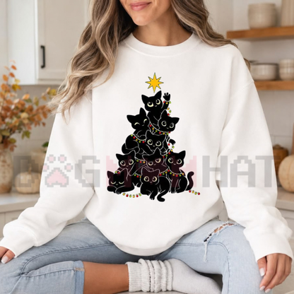 Women’s Chic Geometric Black Cat Christmas Tree Crewneck Sweatshirt