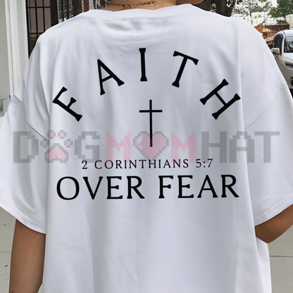 Faith Over Fear Minimalist Cross Graphic Tee - Dual-Sided Pink 2 Corinthians 5:7 Elegant Christian Cotton Women's T-Shirt