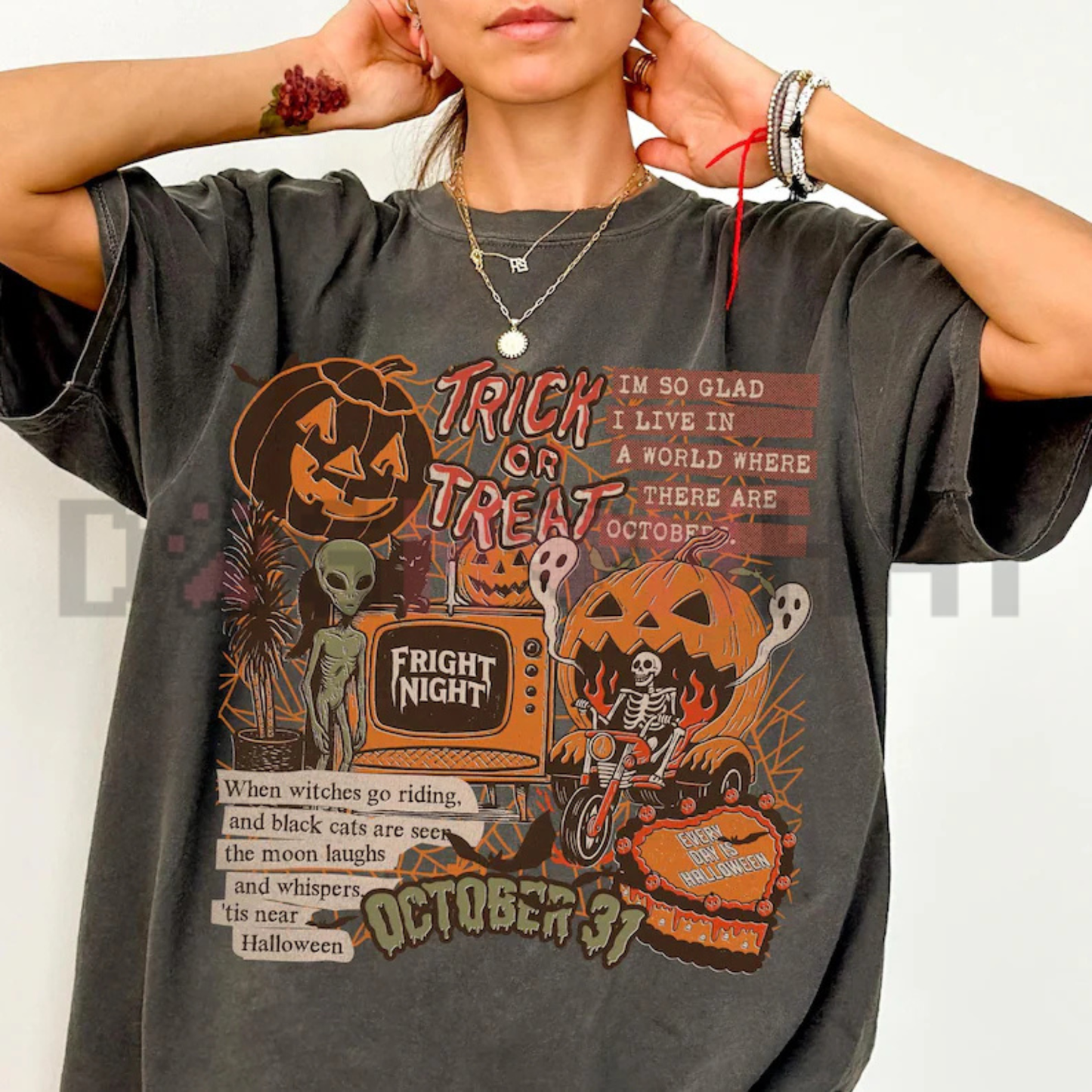Vintage Spooky Icon Collage Graphic Tee - Retro Halloween Ghost Soft Cotton Unisex Fall Aesthetic T-Shirt