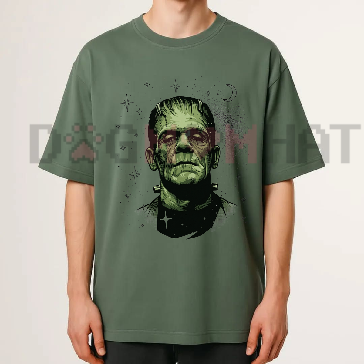 Retro Spooky Celestial Frankenstein & His Bride Front-Print Couple Tee