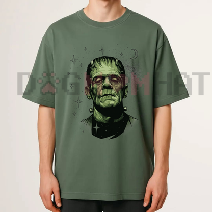 Retro Spooky Celestial Frankenstein & His Bride Front-Print Couple Tee