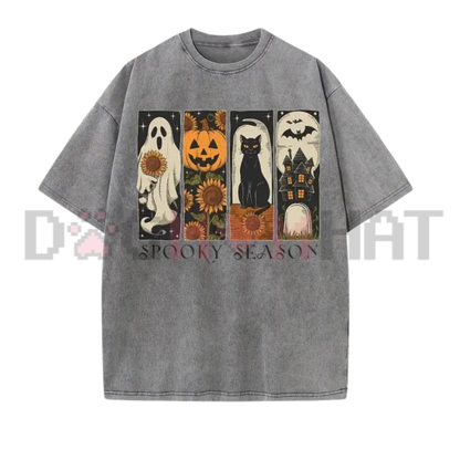 Spooky Season Four Panel Halloween Graphic Tee - Vintage Washed Black Soft Cotton Unisex Oversized Gothic Streetwear T-Shirt