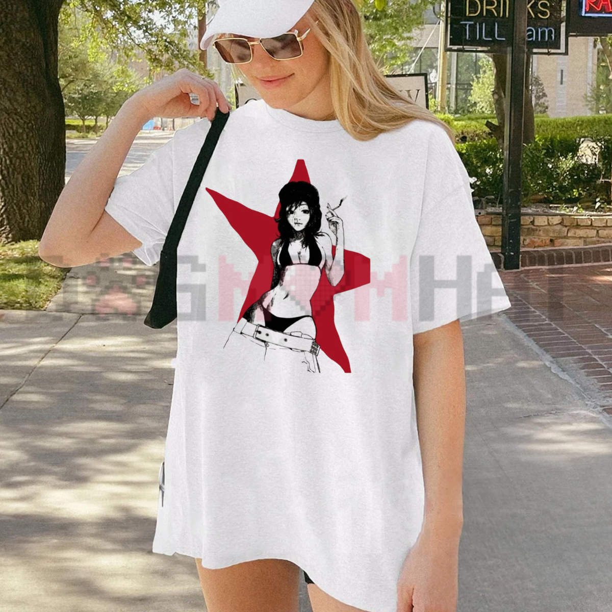 Cyberpunk Red Star Anime Girl Vintage T-Shirt - Aesthetic Y2K Gothic Grunge Streetwear Tee