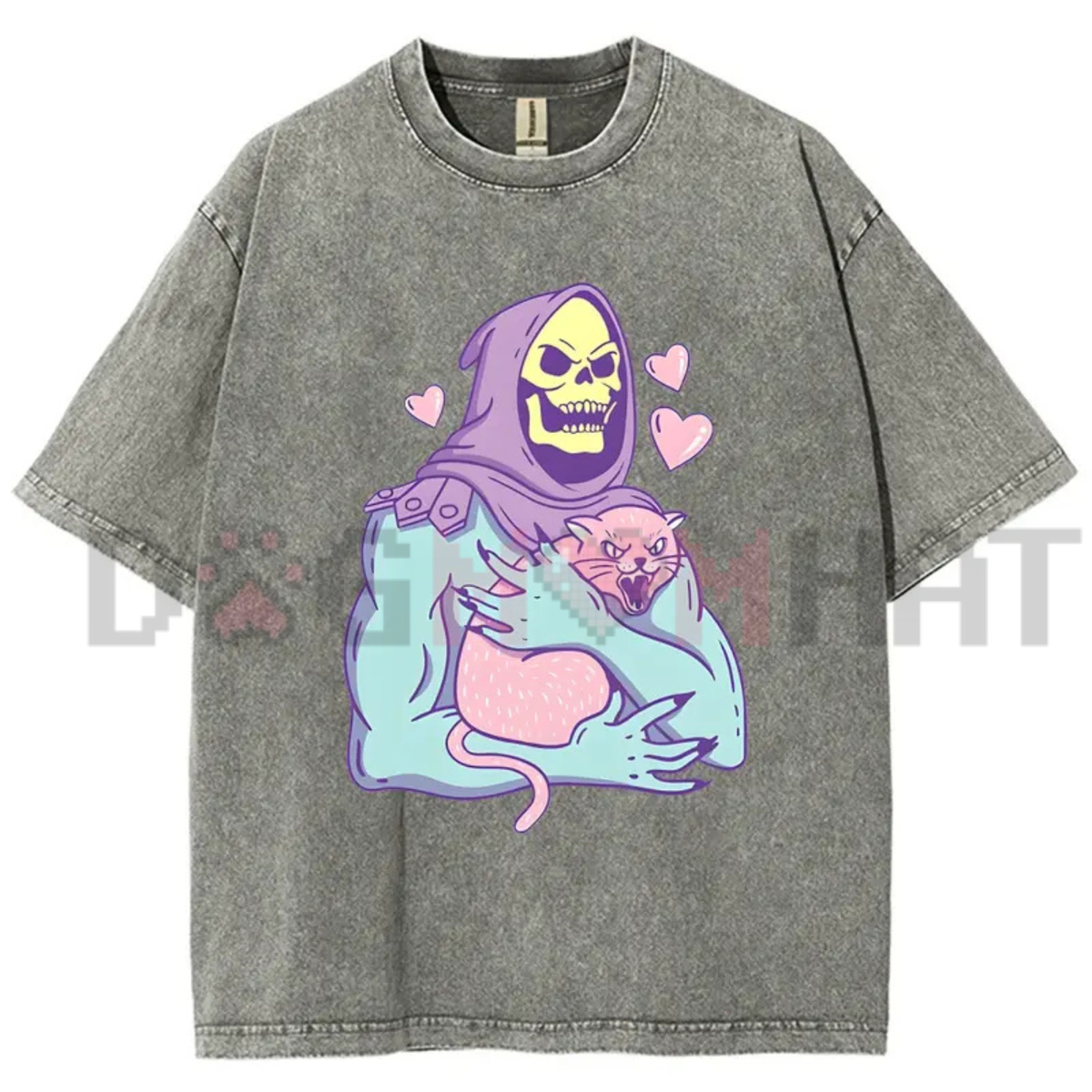Urban Funny Skull Cat Acid Washed T-Shirt - 80s 90s Retro Streetwear Graphic Tee
