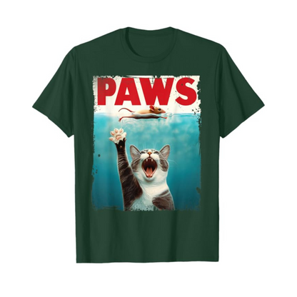 PAWS Parody Cat Mouse T-Shirt – Humorous Cat Chasing Mouse Tee
