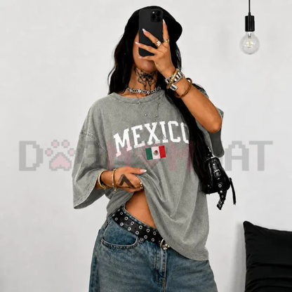 Vintage Mexico Flag Snow Washed T-Shirt - Distressed Cotton Streetwear