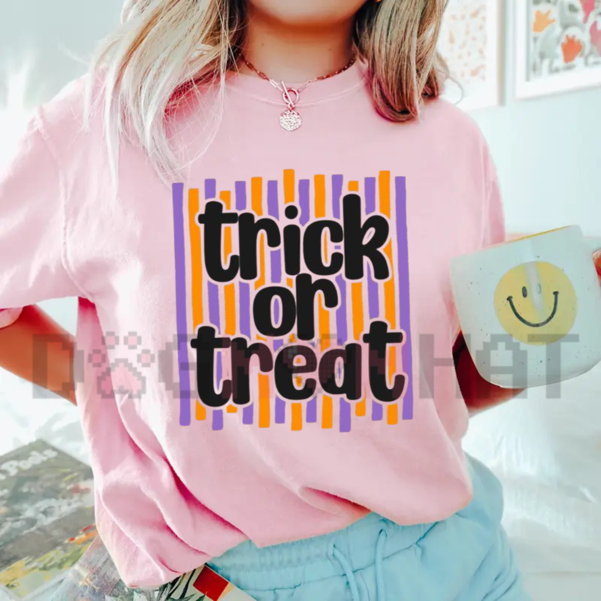 Trick or Treat Preppy Striped Words Halloween Graphic T-Shirt
