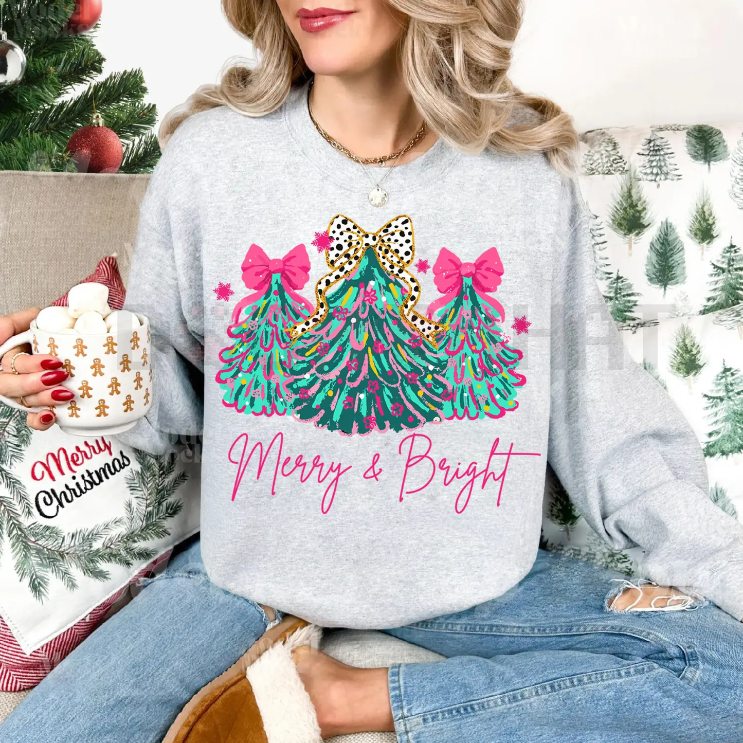 "Merry & Bright" Tree Sweatshirt with Festive Lights & Bows