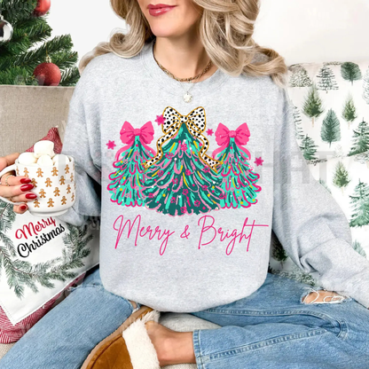 "Merry & Bright" Tree Sweatshirt with Festive Lights & Bows