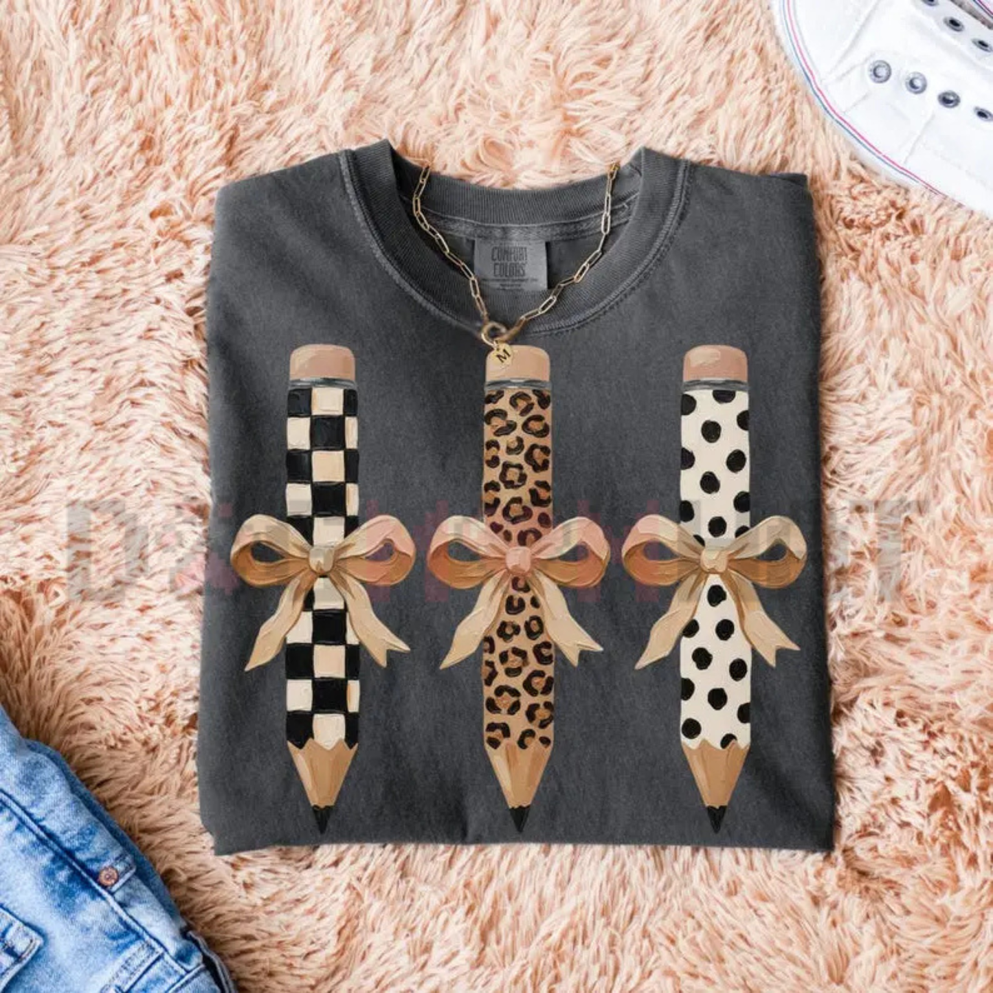 Comfort Colors Brushstroke Pencil Bow Shirt - Preppy Coquette Teacher Tee
