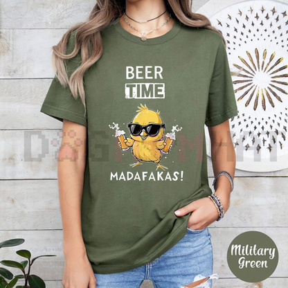 Rustic Farm Humor T-Shirt – "Beer Time" Chicken Graphic Tee