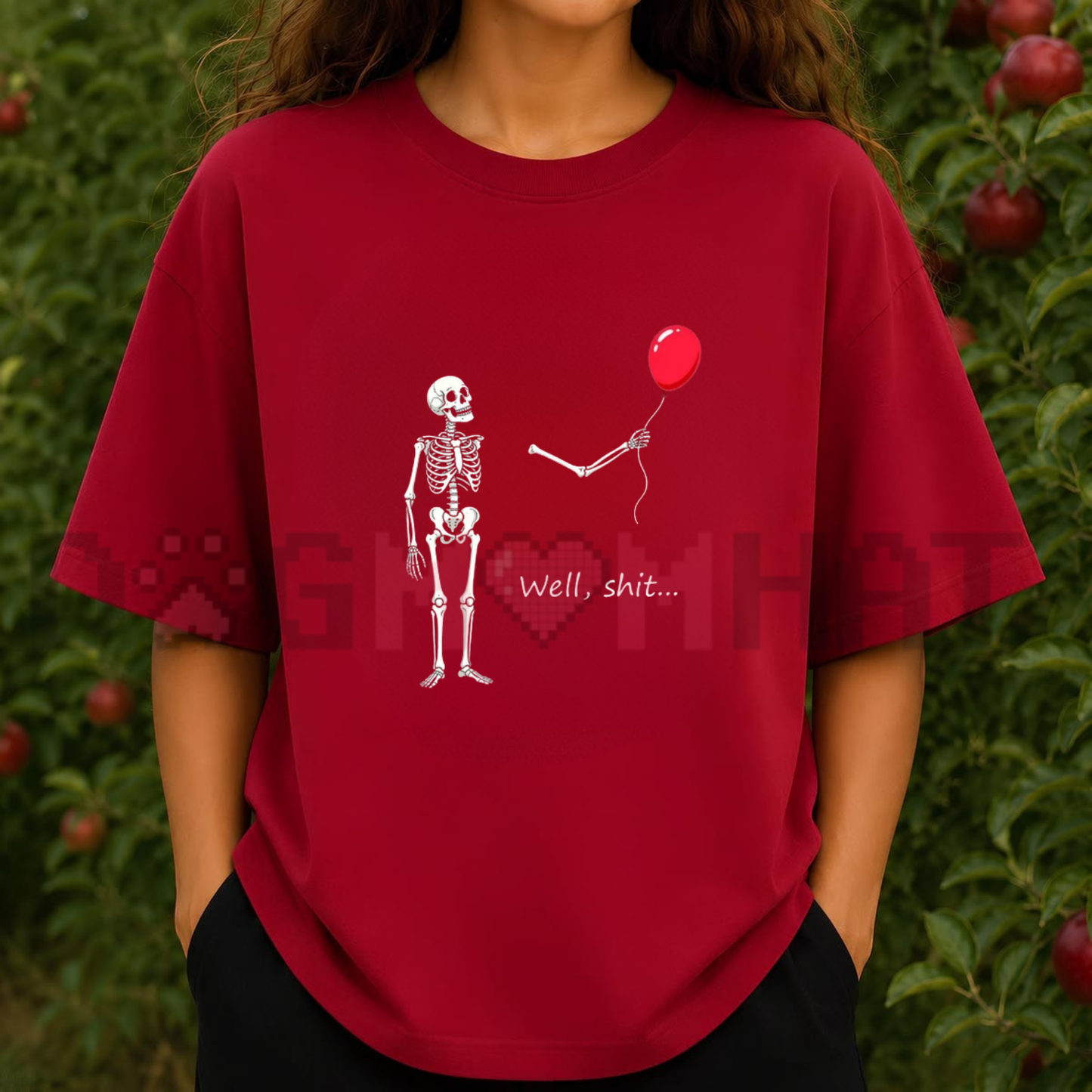 "Funny Skeleton Balloon" Dark Humor T-Shirt - Halloween Graphic Cotton Blend Top