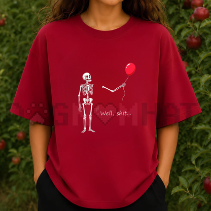 "Funny Skeleton Balloon" Dark Humor T-Shirt - Halloween Graphic Cotton Blend Top